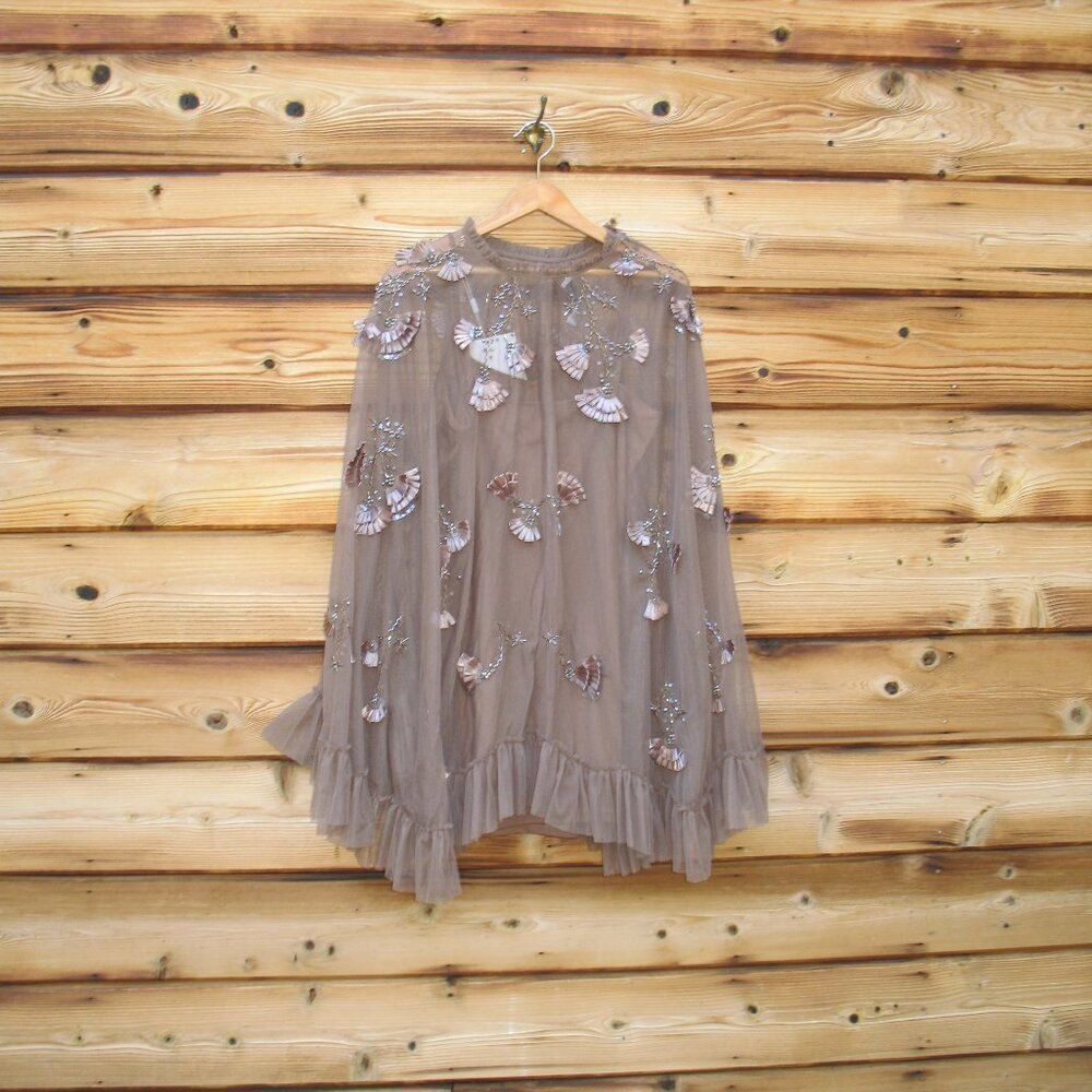 MAC DUGGAL 9257 Brown Embellished Long Flare Sleeve Mesh A-Line Dress - Picture 5 of 13